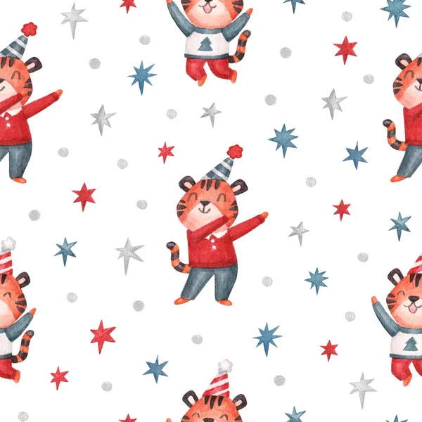 Patrón Sin Costuras Navidad Con Personajes Tigres Alegres Estrellas Confeti —  Fotos de Stock