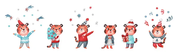 Vánoční Kolekce Roztomilých Tygrů Vtipná Zvířata Vánočním Stromečkem Konfety Dárek — Stock fotografie