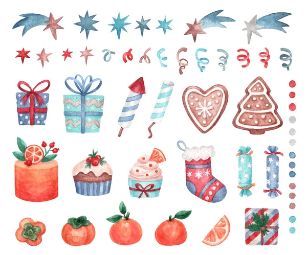 圣诞装饰元素系列 本托蛋糕 纸杯蛋糕 圣诞袜 星星和缎带 水彩画手绘插图 — 图库照片
