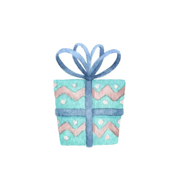 Festlich Verpacktes Geburtstagsgeschenk Geschenkbox Dekoriert Mit Blauem Band Feiertagssymbole Aquarell — Stockfoto