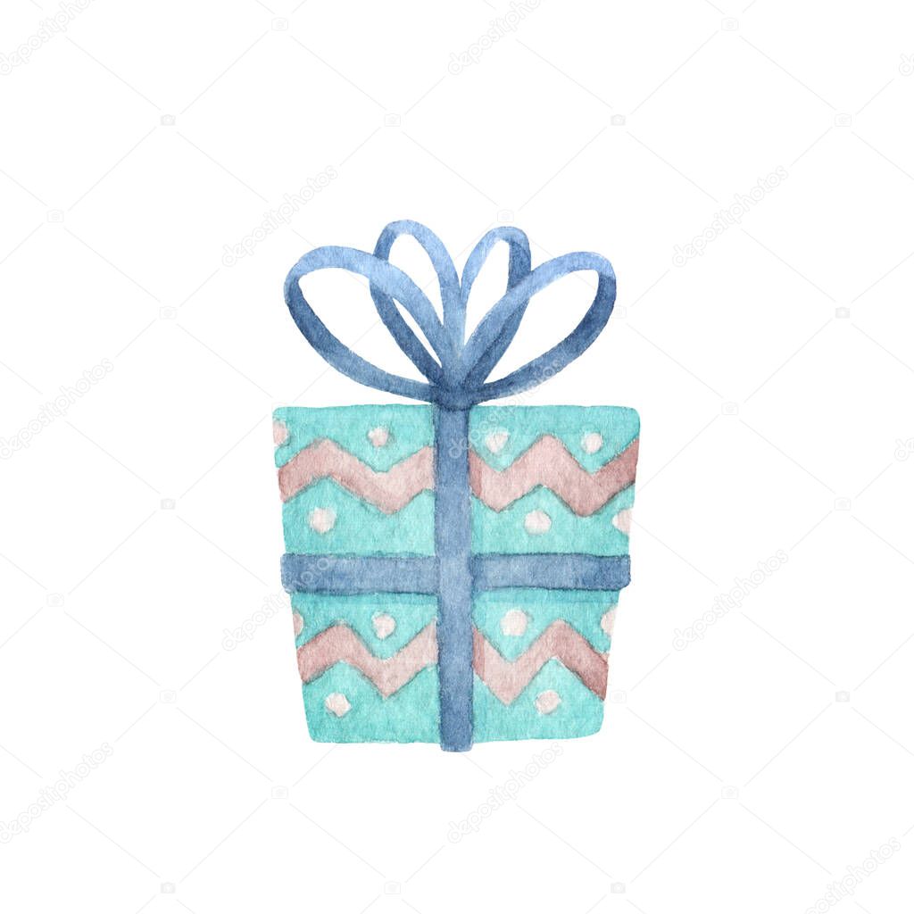 Wrapped festive birthday present. Gift box decorated with blue ribbon. Holiday celebration symbol. Watercolor hand painted illustration isolated on white background.