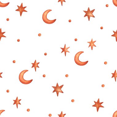 Altın yıldızlı ve aylı suluboya arka plan. El boyaması illüstrasyon ambalaj, ambalaj kağıdı, tekstil, ev dekorasyonu için kullanılabilir