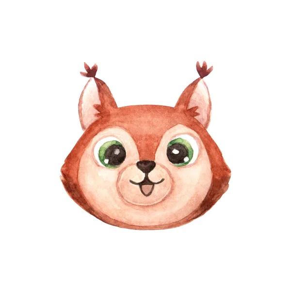 可爱的棕色松鼠的脸或头 用白色背景隔离的滑稽动物的嘴 儿童卡通画水彩画 — 图库照片