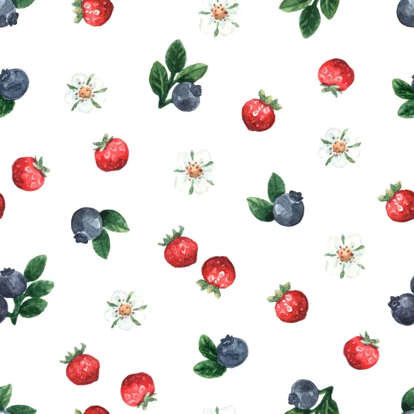 水彩ベリーシームレスパターン 生地のデザインのためのブルーベリー イチゴや花で背景を繰り返します 夏の花 Print — ストック写真