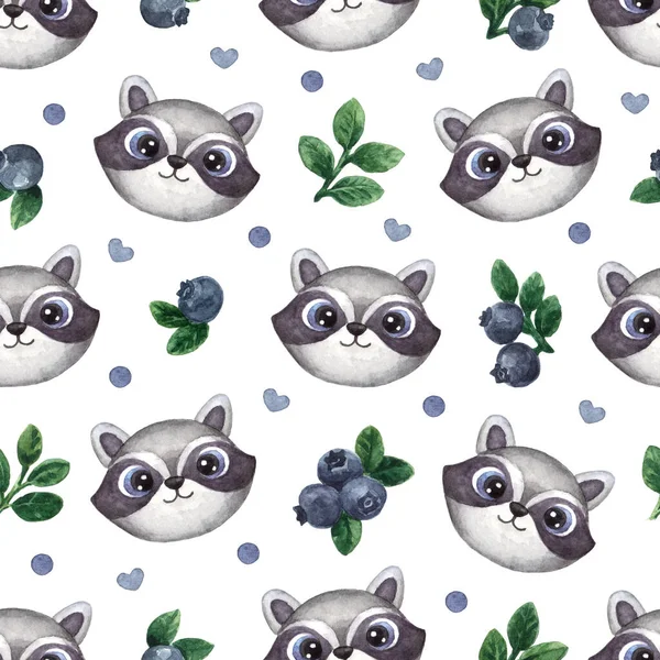 Watercolor Seamless Pattern Face Head Cute Animal Raccoon Blueberries Nursery — Stock Photo, Image