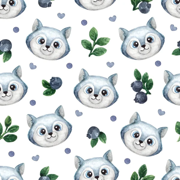 Watercolor Seamless Pattern Face Head Cute Dog Wolf Blueberries Nursery — Stock Photo, Image