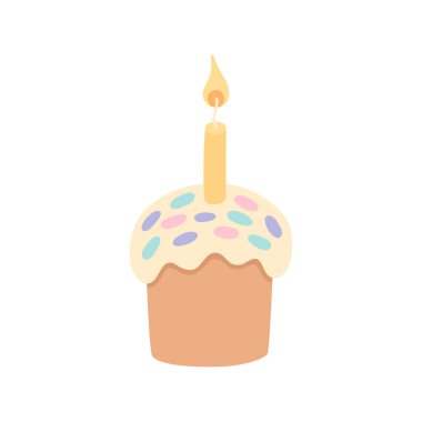 Tatlı Paskalya pastası kremayla süslenmiş ve arka planda izole edilmiş mum. Lezzetli tatlı, şekerleme ya da tatlı pasta. Düz stil dekoratif tasarım ögesi. Vektör illüstrasyonu.