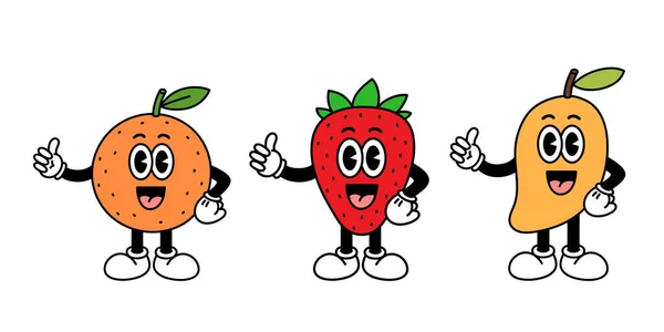 Character Fruits Set Orange Strawberry Mango Cartoon Vintage Style Vector — Stock Vector