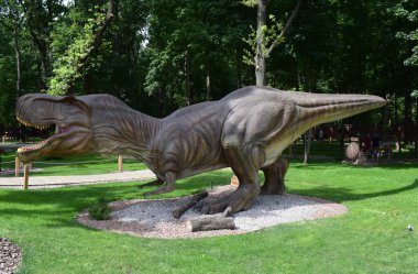 DINO PARK, KHARKOV - 8 Ağustos 2021: Açık havada tarihi dinozor heykelleri bulunan Park Müzesi. Tarih öncesi hayvanlar milyonlarca yıl önce dünyada yaşamış. Tyrannosaurus rex