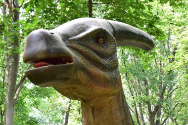 DINO PARK, KHARKOV - 8 Ağustos 2021: Parktaki güzel dinozor heykeli manzarası. Parasaurolophus Dinozor 'un büyük heykeli. Parasaurolophus yeşilliğin arka planında kapanıyor