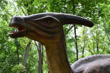 DINO PARK, KHARKOV - 8 Ağustos 2021: Parktaki güzel dinozor heykeli manzarası. Parasaurolophus Dinozor 'un büyük heykeli. Parasaurolophus yeşilliğin arka planında kapanıyor