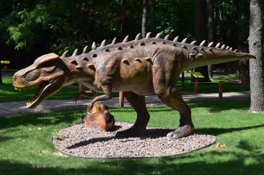 DINO PARK, KHARKOV - 8 AĞUSTOS 2021: Huayangosaurus Dinozor heykeli parktaki gündüz görüntüsü. Tarih öncesi hayvanlar milyonlarca yıl önce dünyada yaşamış..