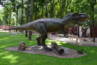 DINO PARK, KHARKOV - 8 Ağustos 2021: Açık havada tarihi dinozor heykelleri bulunan Park Müzesi. Tarih öncesi hayvanlar milyonlarca yıl önce dünyada yaşamış. Tyrannosaurus rex
