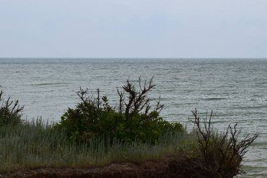 Güneşin batışı çimenlerin arasından parlar manzaralı bulutlu pastel gökyüzü ile. Denize yaz tatili seyahati. Yeşillik, tepeler ve dalgalar akşam ışığında.