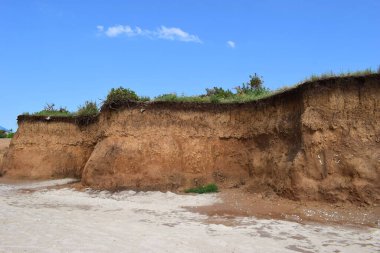 Sahillerin önündeki kayalık kayalık kayalıklar. Mavi Gök ve Su ile Clay Cliffs ve Beach. Deniz kıyısında bir sahil. Göz kamaştırıcı kumsal ziyareti. Büyük kırmızı kayalar ve kayalıklarla mavi gökyüzü