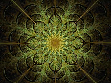 Görüntü fraktal süsleme arka planda siyah üzerine parlak desen. Soyut çiçekli, kıvrımlı ve yapraklı vitray şeklindeki bir resim. Mandala deseni, çiçek çemberi dekoratif süsü..