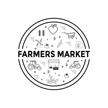 Çiftçi pazarı afişi. Yerel çiftçilik. Eko, taze ürünler, organik tarım için sertifikalı logo işaretleri, gıda mağazaları, sağlıklı taze ürünler. Tarımsal altyapının tasarım çizimi