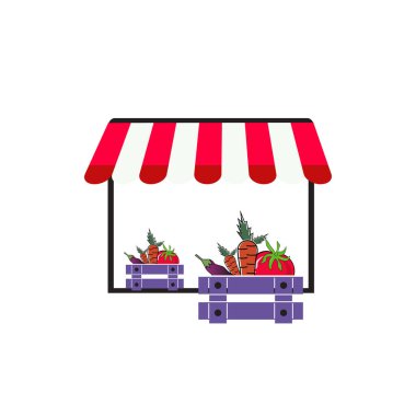Çiftçi pazarı afişi. Yerel çiftçilik. Eko, taze ürünler, organik tarım için sertifikalı logo işaretleri, gıda mağazaları, sağlıklı taze ürünler. Tarımsal altyapının tasarım çizimi