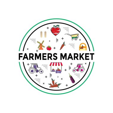 Çiftçi pazarı afişi. Yerel çiftçilik. Eko, taze ürünler, organik tarım için sertifikalı logo işaretleri, gıda mağazaları, sağlıklı taze ürünler. Tarımsal altyapının tasarım çizimi