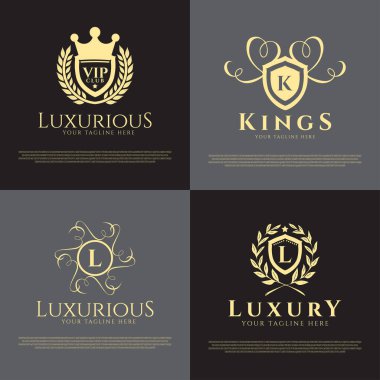 Altın lüks logo. Lüks konut ikonu. konut. konut logosu. Otel sembolü. Altın moda tabelası. Zarif. vektör illüstrasyon elemanları