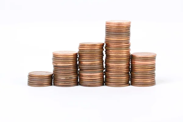 Five stacks of coins 5-cent on white background — Stock Photo, Image