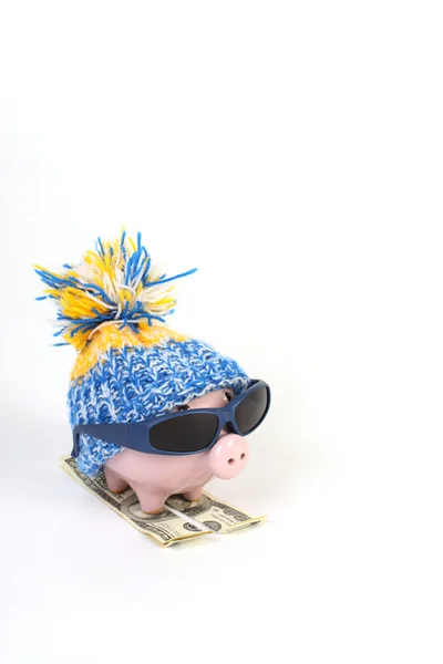 Salvadanaio invernale con cappello con pom-pom in piedi sui cieli di greenback hunderd dollari con occhiali da sole su sfondo bianco — Foto Stock