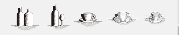Flasche Kaffeetasse Und Gläser Handgezeichnetes Set Für Bar Oder Café — Stockvektor