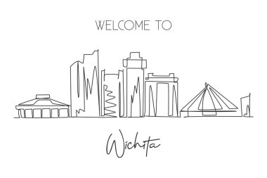 Kansas, ABD 'de Wichita şehrinin siluetinin tek bir çizimi. Ev dekoru posterleri için şehir manzarası. En iyi tatil yeri. Moda sürekli çizgi çizimi grafik tasarım vektörü illüstrasyonu