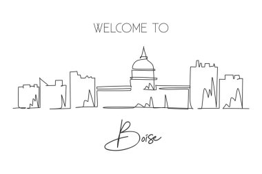 Idaho 'daki Boise şehrinin siluetinin aralıksız çizimleri. Dünya 'nın en güzel manzara turizmi ve duvar dekorları için seyahat tatili. Tarz çizen tek çizgi grafik tasarım vektörü illüstrasyonu