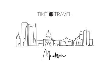 Madison City Skyline, Wisconsin 'in tek bir çizgisi. Dünyanın tarihsel şehir manzarası. En iyi tatil yeri. Düzenlenebilir vuruş eğilimi sürekli çizgi çizim vektör çizimi illüstrasyonuName