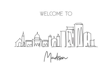 Madison City Skyline, Wisconsin 'in kesintisiz tek çizgi çizimi. Ünlü şehir kazıyıcı peyzaj. Dünya seyahati duvar dekorasyonu poster baskısı konsepti. Modern bir çizgi çizimi tasarım vektörü çizimi