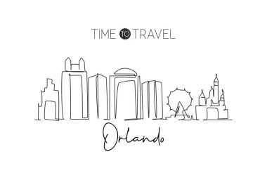 Florida 'daki Orlando şehrinin siluetinin tek bir çizgisi. Dünyanın tarihsel şehir manzarası. En iyi tatil yeri. Düzenlenebilir vuruş eğilimi sürekli çizgi çizim vektör çizimi illüstrasyonuName