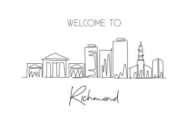 Richmond şehrinin siluetinin tek bir çizimi, Virginia. Dünyanın tarihsel şehir manzarası. En iyi tatil yeri. Düzenlenebilir vuruş eğilimi sürekli çizgi çizim vektör çizimi illüstrasyonuName
