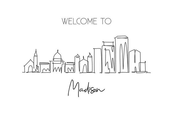 Enkele Continue Lijn Tekening Van Madison City Skyline Wisconsin Beroemd — Stockvector