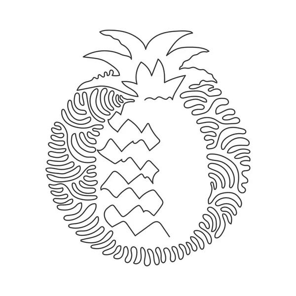 果樹園のロゴのための全体の健康的なパイナップルを描く連続1行 フルーツガーデンのアイコンのための新鮮な夏の果物のコンセプト 渦巻き丸の背景スタイルをカール 単線画設計ベクトル — ストックベクタ