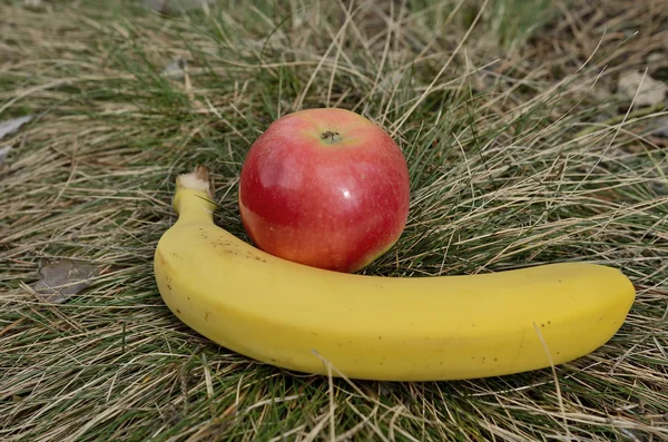 Банан и яблоко в сухой траве — стоковое фото