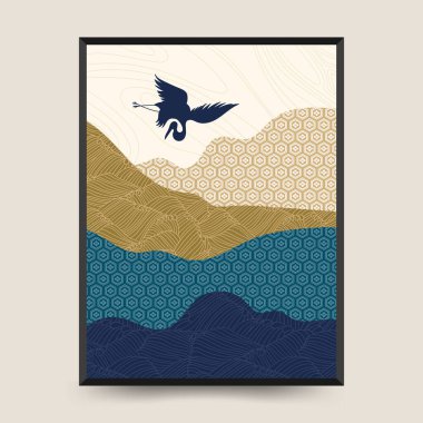 Geleneksel Japon poster şablonu. Soyut arkaplan seti. Japon deseni. Geometrik şablon koleksiyonu. Geleneksel Japonya. Asya konsepti. Klasik sanat. Posterler, kitap kapakları, broşürler, broşürler için tasarım.