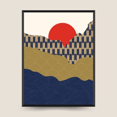 Geleneksel Japon poster şablonu. Soyut arkaplan seti. Japon deseni. Geometrik şablon koleksiyonu. Geleneksel Japonya. Asya konsepti. Klasik sanat. Posterler, kitap kapakları, broşürler, broşürler için tasarım.
