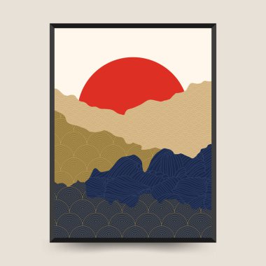 Geleneksel Japon poster şablonu. Soyut arkaplan seti. Japon deseni. Geometrik şablon koleksiyonu. Geleneksel Japonya. Asya konsepti. Klasik sanat. Posterler, kitap kapakları, broşürler, broşürler için tasarım.