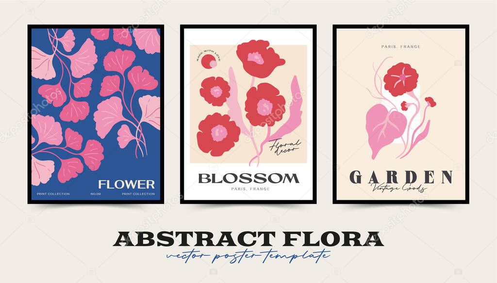 Abstract floral posters template collection. Modern trendy Matisse minimal style. Pink and blue colors.