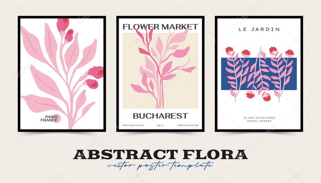 Abstract floral posters template collection. Modern trendy Matisse minimal style. Pink and blue colors.