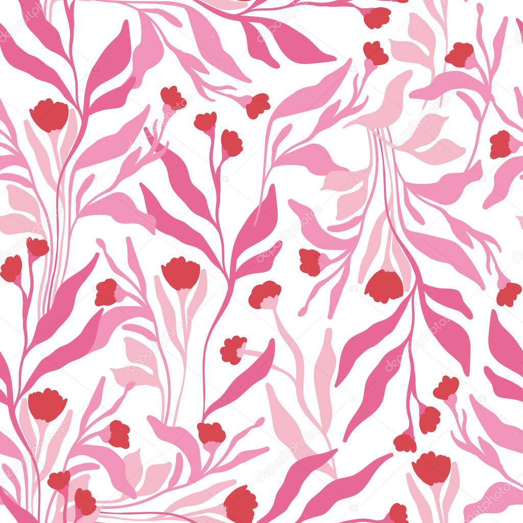 Flowers seamless pattern. Pink color. Modern trendy Matisse minimal style. 