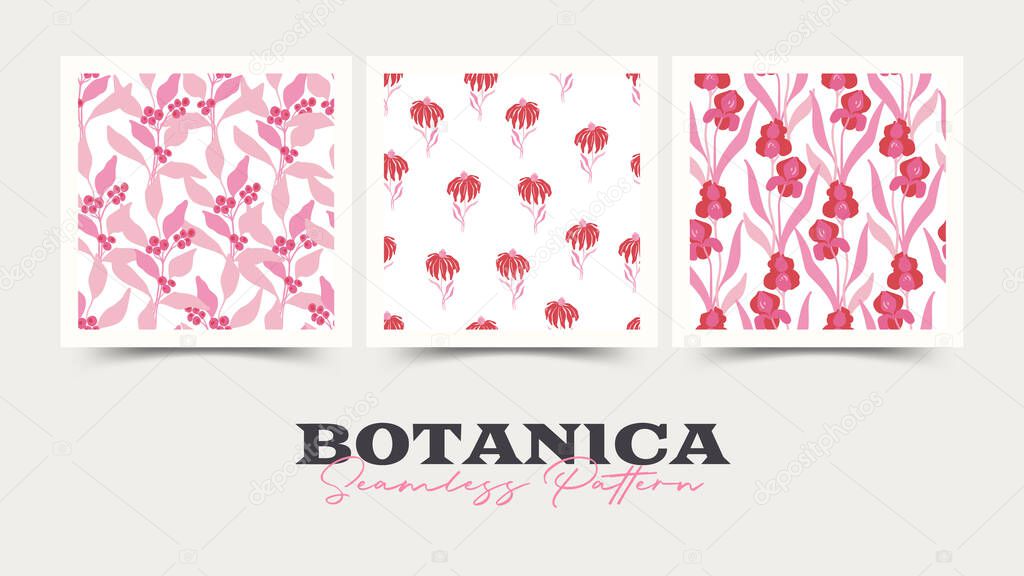 Flowers seamless pattern collection. Pink color. Modern trendy Matisse minimal style.