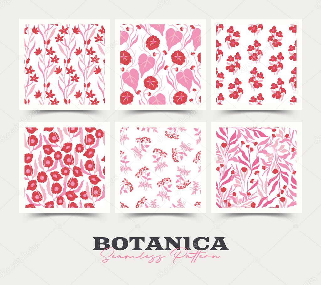 Flowers seamless pattern collection. Pink color. Modern trendy Matisse minimal style.