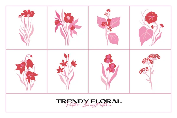 Set Elementi Floreali Rosa Fiore Foglie Verdi Moderna Moda Matisse — Vettoriale Stock