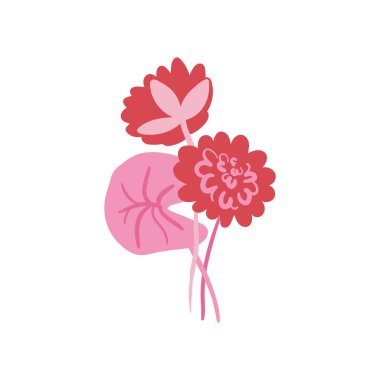 Pembe çiçek unsurları. Çiçek ve yeşil yapraklar. Modern Matisse stili. Çiçek posteri, davet. Tebrik kartı veya davet tasarımı için vektör düzenlemeleri