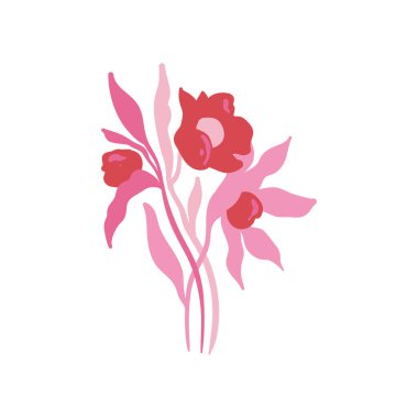 Pembe çiçek unsurları. Çiçek ve yeşil yapraklar. Modern Matisse stili. Çiçek posteri, davet. Tebrik kartı veya davet tasarımı için vektör düzenlemeleri