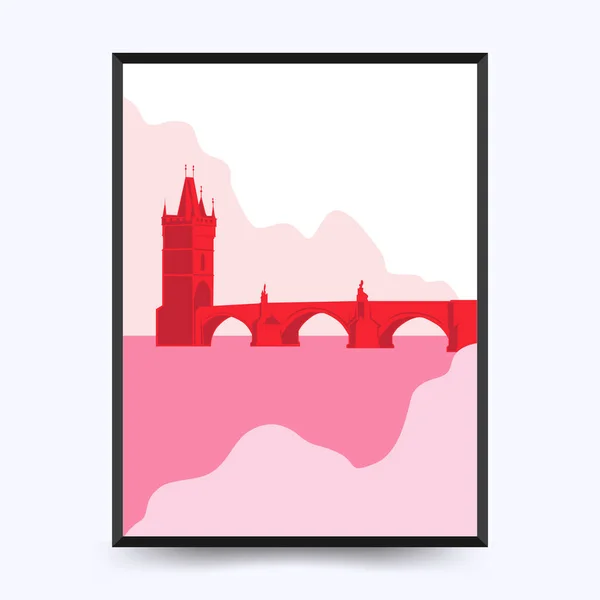 旅游海报明信片复古模板 颜色有限 没有梯度 矢量图解 查尔斯桥 捷克共和国布拉格 — 图库矢量图片