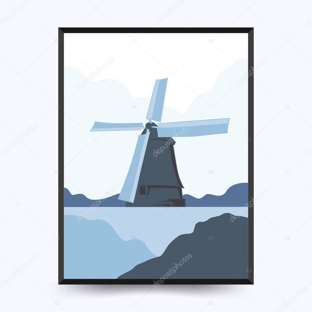 Travel poster post card vintage template. Limited colors, no gradients. Vector illustration. Water Mill,  Amsterdam, Netherlands