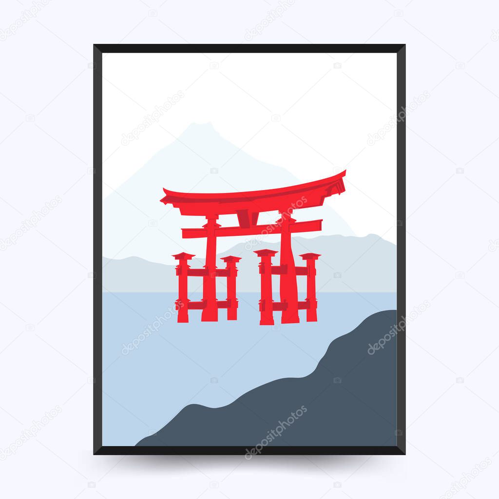 Travel poster post card vintage template. Limited colors, no gradients. Vector illustration. Torii Gate,  Itsukushima, Japan